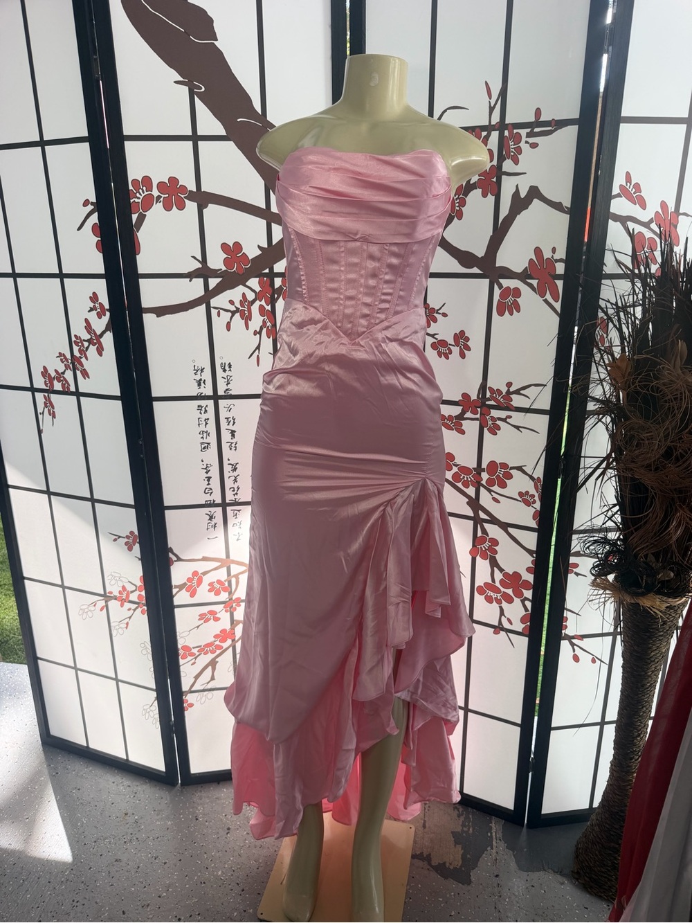 Strapless Pink Satin Corset High-Low Dress
